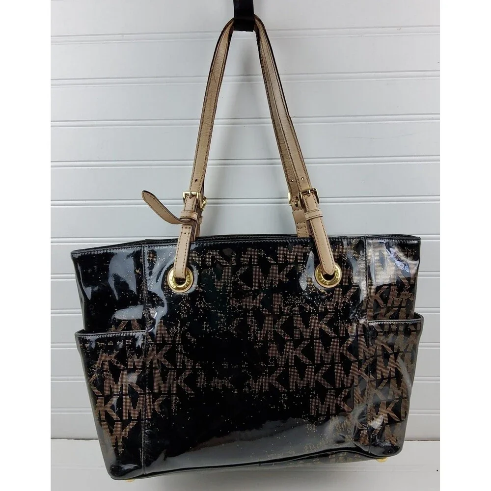 Michael Kors MK Patent Signature Tote Shoulder Handbag Purse DAMAGED